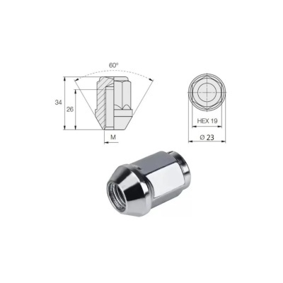 Parafuso de roda metálico cromado com especificações técnicas