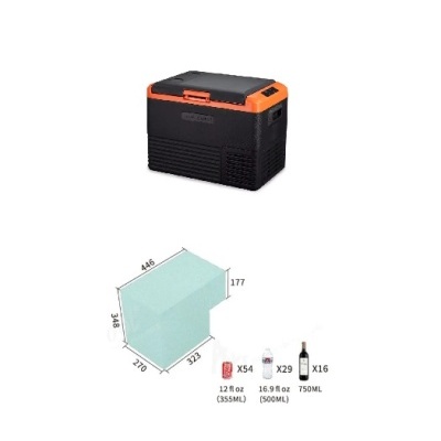 Caixa térmica preta e laranja com dimensões e capacidade ilustradas