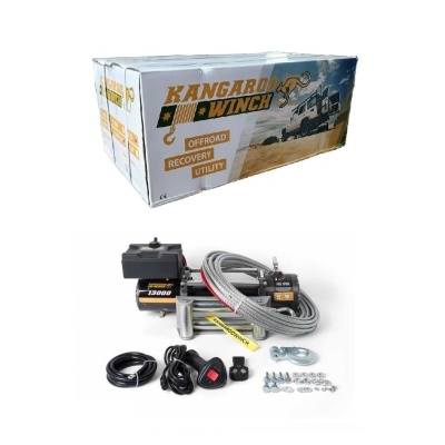 Kit guincho elétrico Kangaroo Winch com acessórios e caixa de embalagem