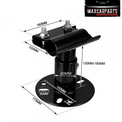 Suporte de metal preto com base circular, parafusos e medidas em milímetros, logotipo MAXCARPARTS