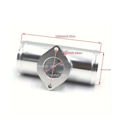Peça metálica cilíndrica prateada com flange triangular e dimensões em milímetros e polegadas