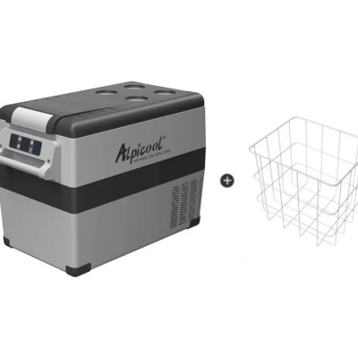 Frigorífico portátil Alpicool cinzento e preto com visor digital e cesta metálica branca