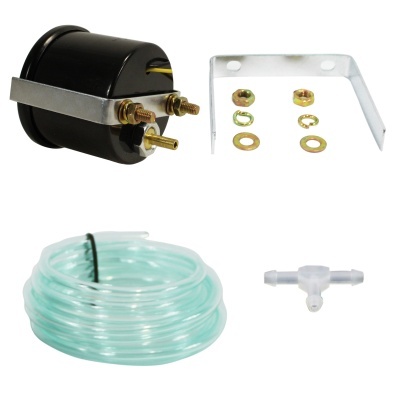 Manómetro com suporte, parafusos, tubo flexível e conector.