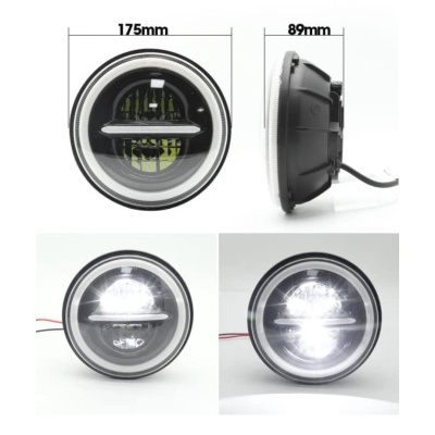 Farol redondo LED com luzes horizontais e estrutura preta para veículo