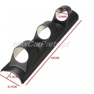 Suporte para três mostradores de carro preto com medidas indicadas em vermelho
