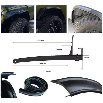 Guarda-lamas pretos para veículos com pneus e medidas técnicas em milímetros.