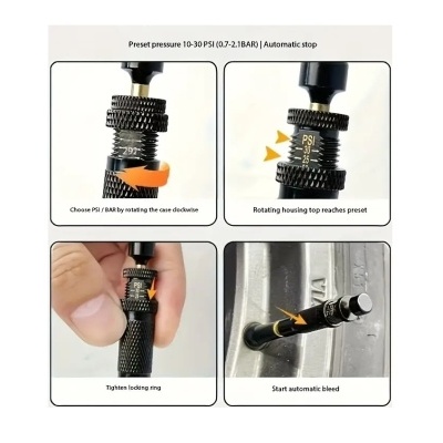 Quatro imagens mostrando ajuste de pressão numa válvula metálica preta texturizada