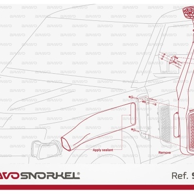 Esquema técnico de snorkel vermelho para veículo com instruções e marcação Ref. SLFN