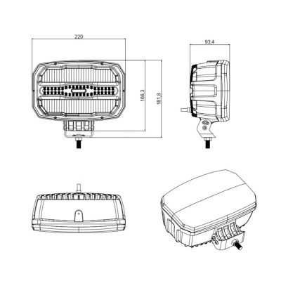 Desenho técnico de uma luz rectangular com dimensões e vista frontal, lateral, superior e em perspetiva.