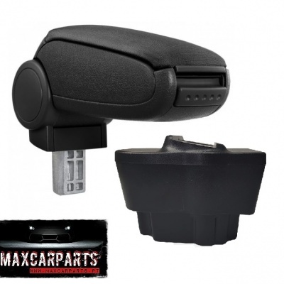 Apoio de braço para carro preto com encaixe metálico e base plástica preta, logótipo MAXCARPARTS visível