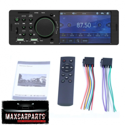 Unidade central para automóvel com ecrã digital azul, comando à distância e cabos coloridos