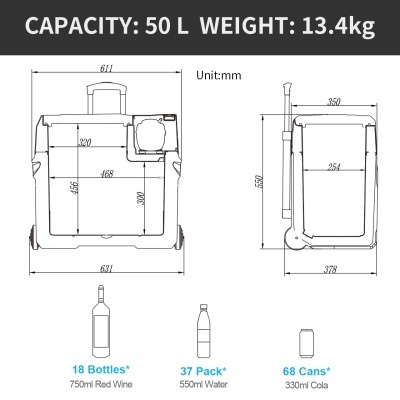 Desenho técnico de contentor com especificações de capacidade e peso.