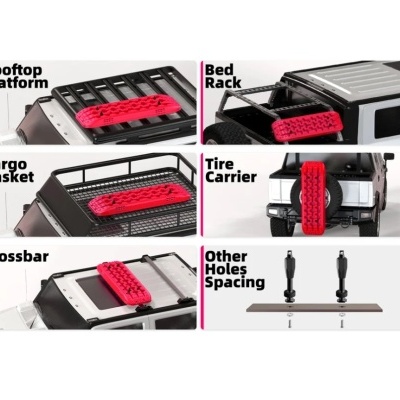 Acessórios diversos para suportes e transportes em veículos com objetos vermelhos sobrepostos