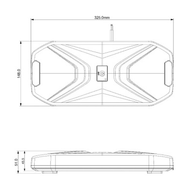 Desenho técnico de dispositivo retangular com linhas geométricas e dimensões