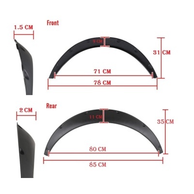 Para-lamas preto para carro com medidas destacadas em vermelho