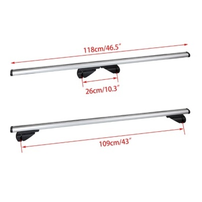 Barra metálica prateada com suportes pretos e medidas anotadas em branco