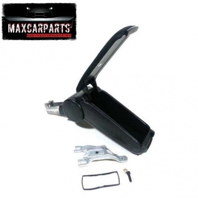 Apoio de braços automóvel preto com tampa aberta e componentes metálicos, com logótipo MAXCARPARTS