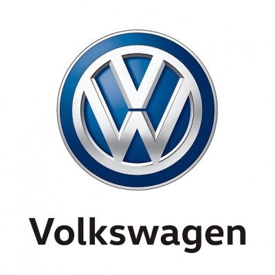 Logótipo Volkswagen azul e prateado com texto