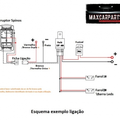 Esquema eletrónico de ligação de interruptor de 5 pinos com componentes e faróis