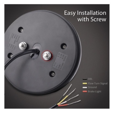 Luz redonda preta com fios coloridos e parafuso, texto de instalação fácil.