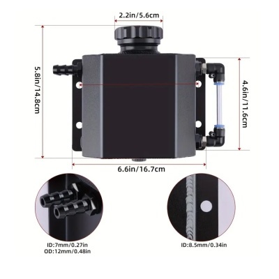 Reservatório preto para líquido de refrigeração com tampão e conexões laterais