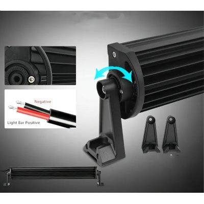 Barra de luz LED preta com suporte ajustável e diagramas de fios