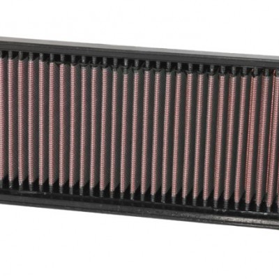 Filtro de ar rectangular com moldura preta e elemento filtrante rosa