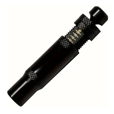 Dispositivo cilíndrico preto em metal com marcações numéricas amarelas.