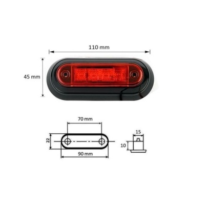 Lanterna oval vermelha com medidas técnicas em fundo branco