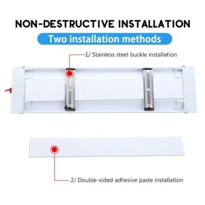 Duas formas de instalação não destrutiva para suporte retangular branco com fechos metálicos e tira adesiva