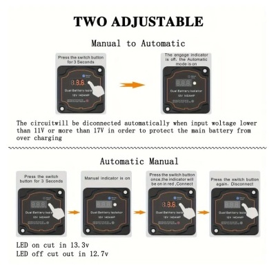Instruções para isolador duplo de bateria 12V 140A com displays digitais e botões