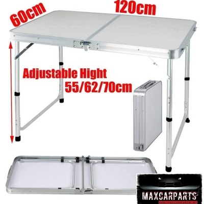 Mesa dobrável branca com estrutura metálica, ajustável em altura e convertível em mala