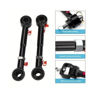 Duas barras pretas reguláveis de metal com rolamentos e fechos vermelhos