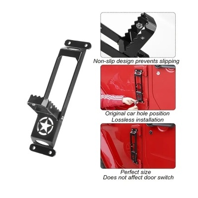 Suporte metálico preto com estrela branca e texto em inglês sobre suas características