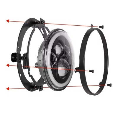 Farol redondo LED desmontado com aro e suporte preto e lente transparente