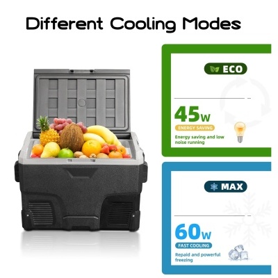 Caixa frigorífica preta cheia de frutas com informação de modos de arrefecimento ECO e MAX