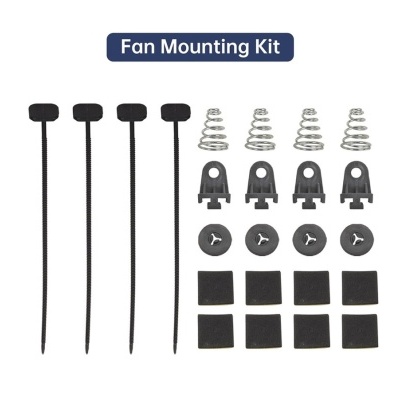 Kit de montagem para ventoinha com braçadeiras, molas, suportes, parafusos e almofadas sobre fundo branco