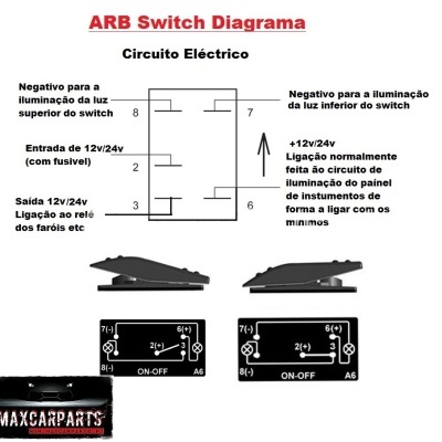 Diagrama elétrico do interruptor ARB com instruções e imagens do produto e logotipo MAXCARPARTS