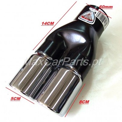 Ponteira dupla de escape automóvel cromada e preta com medidas indicadas