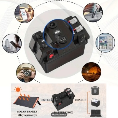 Power bank preto modelo PB002 com múltiplas portas e uso em diferentes situações, ligado a painéis solares