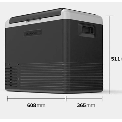 Frigorífico portátil preto e cinza com alças laterais e inscrição Dometic