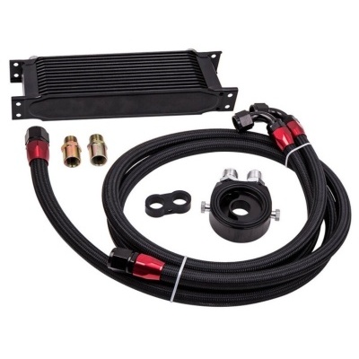 Kit radiador óleo automóvel com conexões vermelhas e mangueiras pretas