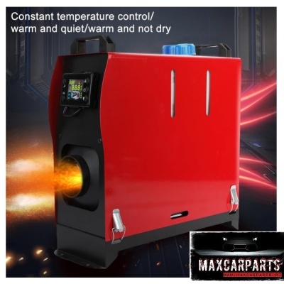 Aquecedor portátil vermelho e preto com visor digital e chamas saindo da frente