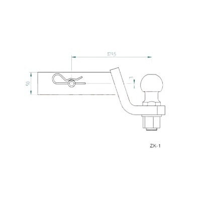 Desenho técnico de peça metálica com bola de reboque e medidas
