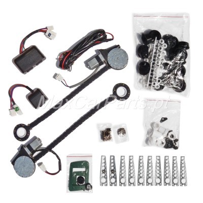 Conjunto de componentes automóveis incluindo motores eléctricos, fios, conectores, parafusos e suportes metálicos