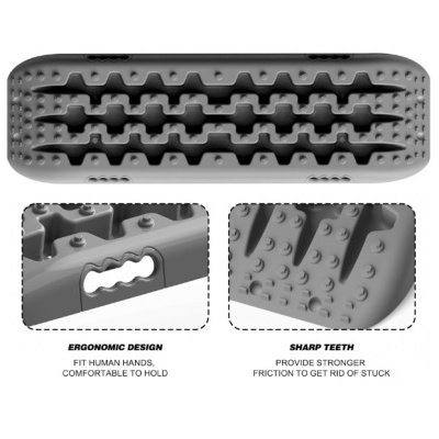 Placa cinzenta com textura dentada e relevo, design ergonómico e dentes afiados