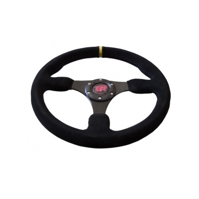 Volante de carro preto com emblema SR e marcador amarelo