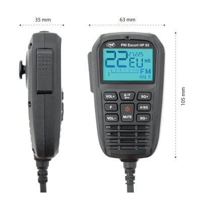 Microfone de rádio preto PNI Escort HP 65 com visor azul e botões