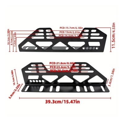 Suporte metálico preto com medições em vermelho sobre fundo branco