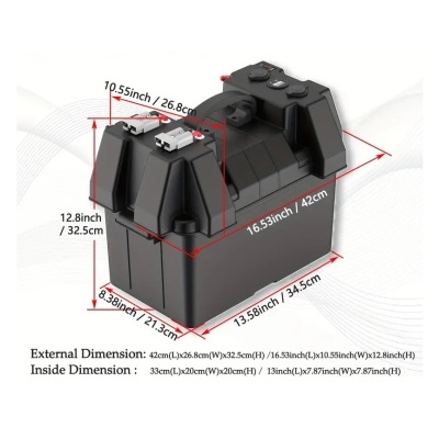 Caixa preta de armazenamento em plástico com fechos prateados e pés